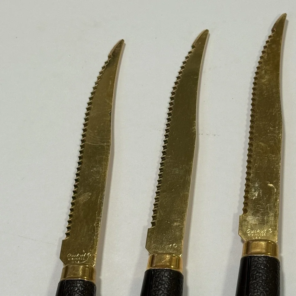 Quikut Gold Blade Faux Wood Handle Knives Set Of 6 Stainless USA